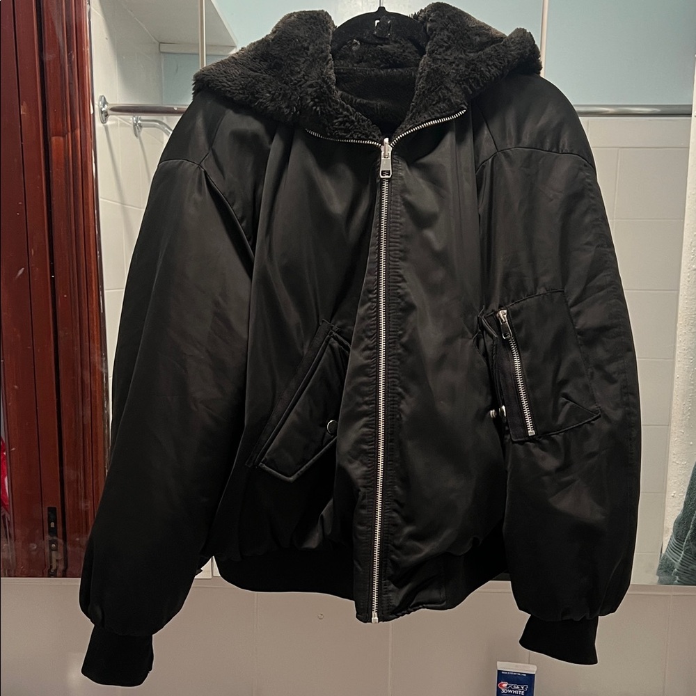 Unisex Oversized and Reversible Black Bomber Jacket with Faux Fur Lining